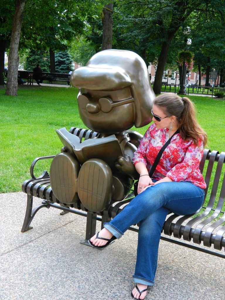 Getting a book recommendation at Rice Park, St. Paul, MN
